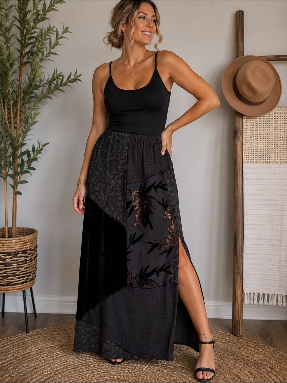 Vintage Chico’s Design Silk Velvet Patchwork Maxi Skirt Size 3/XL